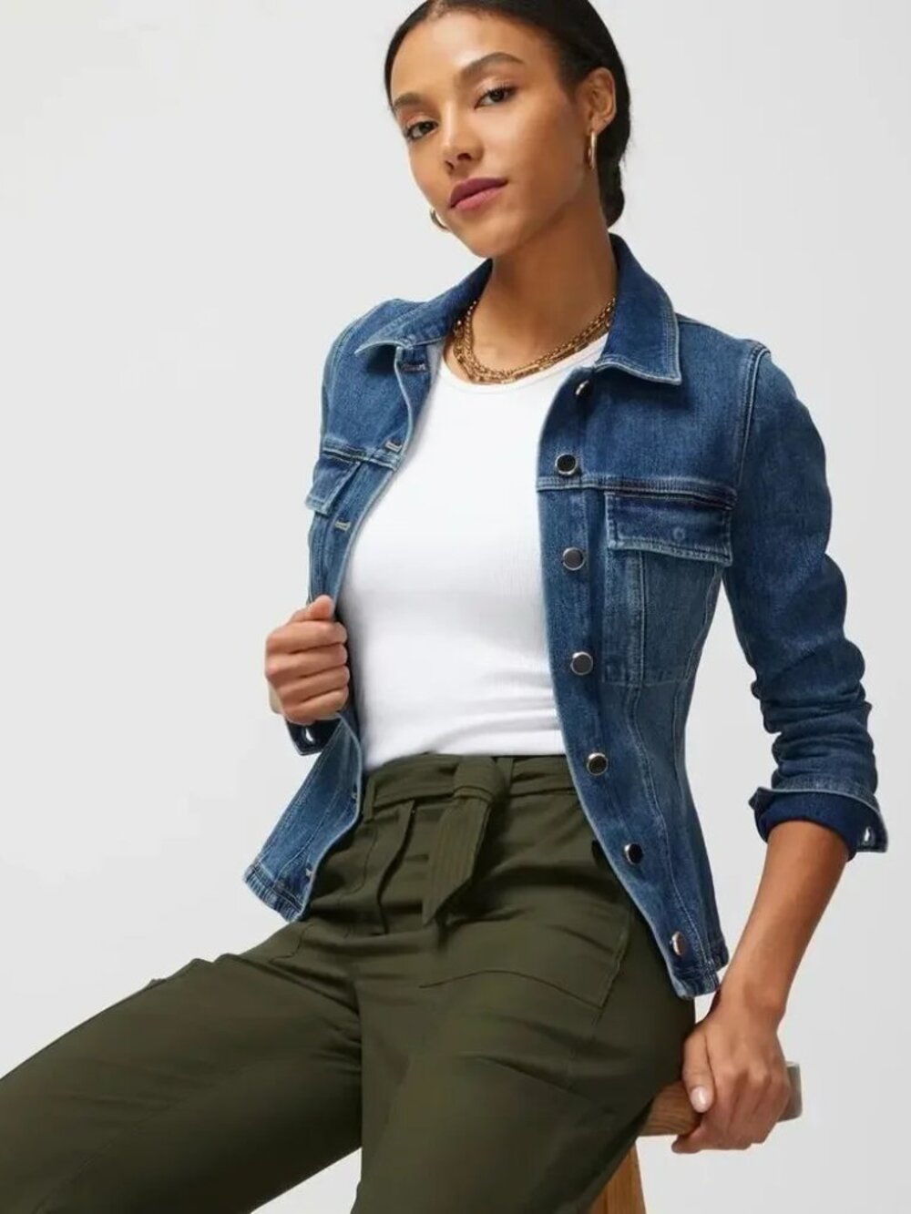 White House Black Market Fit & Flare Denim Jacket Shacket Size M WHBM